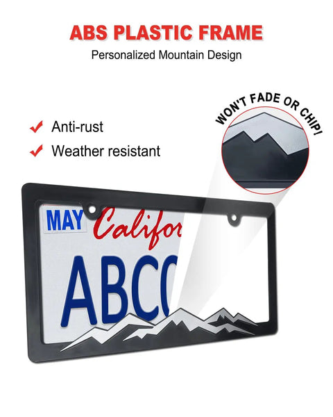 Mountain License Plate Frame Set, Black Plastic Car Tag Holder Bracket With Screws And Caps, 2 Pack, 2 Hole Mount