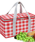 Lightweight Foldable Insulated Picnic Cooler Bag With Zippered Top And 24L Capacity next to fruits, red checkered pattern