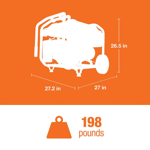 Dimensions of Discontinued 10,000 Watt Portable Generator in Orange and Black with 27x27.2x26.5 inches and 198 pounds weight.