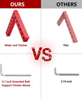 Comparison of two right angle corner clamps, highlighting size and thickness differences. "Ours" is wider and thicker, ideal for woodworking.