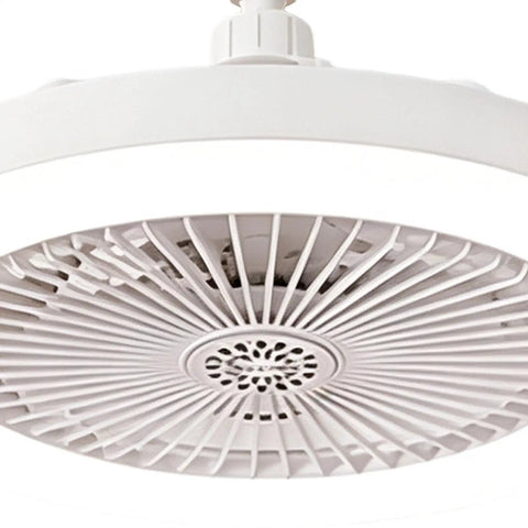 Close-up view of the 3 Color Dimmable - Flush Mount Ceiling Fan, Quiet Light Remote, Bedroom with white blades and light.