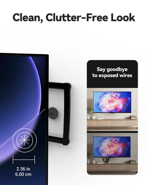 Four Pack Mini Black TV Cord Hiders Grommets With Drill Bit For Wall Pass Throughs installed behind mounted television