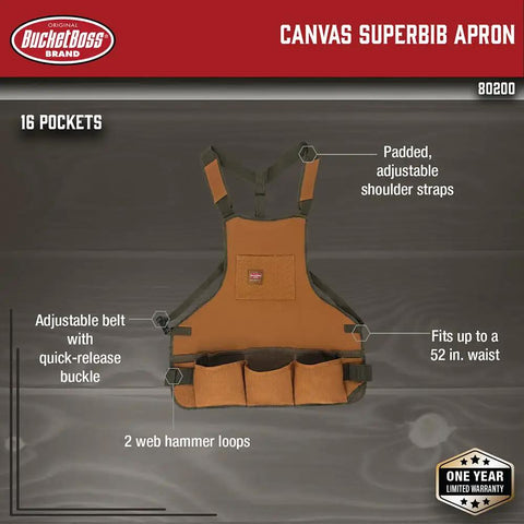 Heavy Duty Canvas Tool Bag For Men With 16 Pockets, Padded Adjustable Shoulder Straps, Quick Release Belt, Fits Up To 52 Inch Waist
