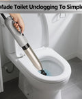 Kick Loose Deep Clogs Fast With This High Pressure Toilet Plunger And Multi Purpose Heavy Duty Bathroom Auger Offering Six Snap On Heads For Clearing Sink And Drain Lines Every Day Grey in use on toilet.