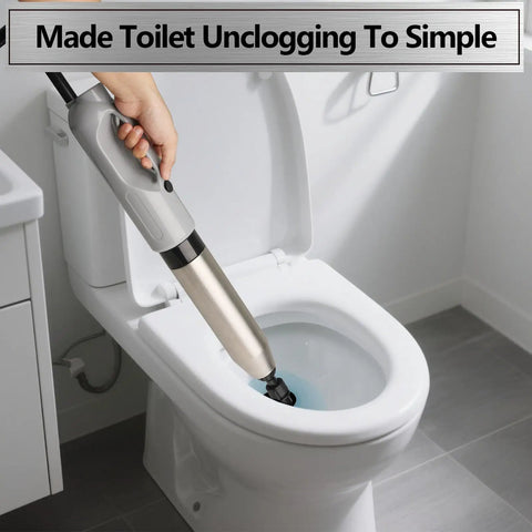 Kick Loose Deep Clogs Fast With This High Pressure Toilet Plunger And Multi Purpose Heavy Duty Bathroom Auger Offering Six Snap On Heads For Clearing Sink And Drain Lines Every Day Grey in use on toilet.