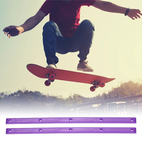 Skateboarder in mid-air with Rib Bones Rails For Skateboards Stable Flexible Longboard Rails With Screws, purple finish