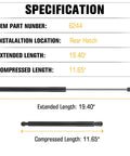 Top Drawer Rear Hatch Lift Support Struts For Toyota Prius 2008 Through 2015 And Prius Plug In specifications showing extended and compressed lengths.