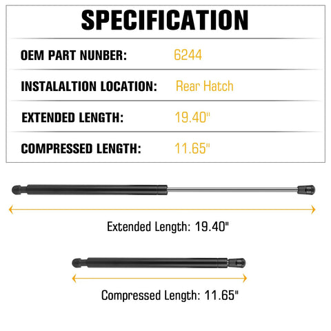 Top Drawer Rear Hatch Lift Support Struts For Toyota Prius 2008 Through 2015 And Prius Plug In specifications showing extended and compressed lengths.
