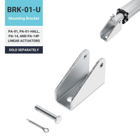 BRK-01-U mounting bracket for PA linear actuators, shown with pin and clip, compatible with 12V Mini Linear Electric Actuator With 1 Inch Stroke And 50 Lbs Force
