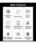 Main features chart of WiFi Smart Door Lock With Fingerprint Keyless Entry Electronic Security System for easy access options.