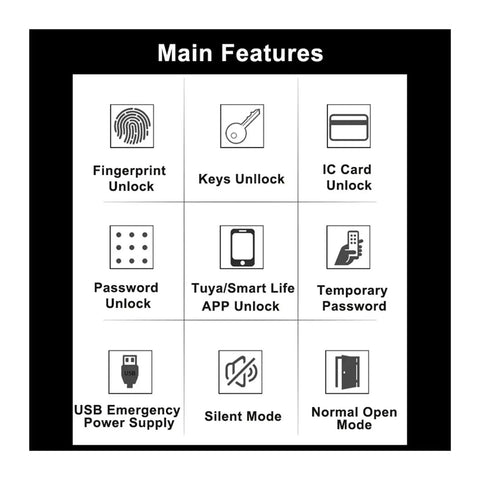 Main features chart of WiFi Smart Door Lock With Fingerprint Keyless Entry Electronic Security System for easy access options.