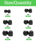All In One Acorn Cap Nut Kit With M3 M4 M6 M8 Hex Dome Nuts Carbon Steel Decorative Bolt Covers For Furniture Automotive And DIY Projects 140 Piece Set In Handy Storage Case For Pros And DIYers showing size and quantity of nuts in green text for M3, M4, M6, and M8 sizes