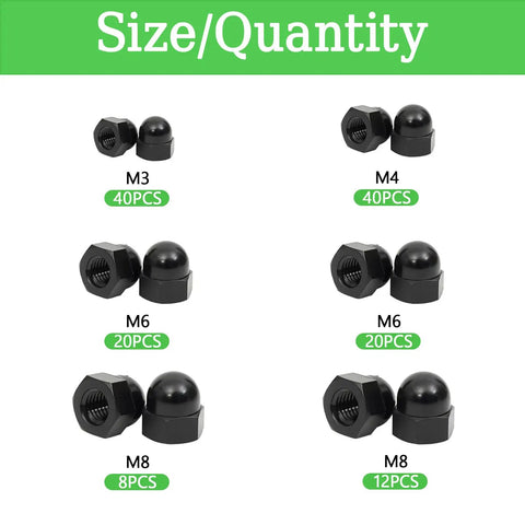 All In One Acorn Cap Nut Kit With M3 M4 M6 M8 Hex Dome Nuts Carbon Steel Decorative Bolt Covers For Furniture Automotive And DIY Projects 140 Piece Set In Handy Storage Case For Pros And DIYers showing size and quantity of nuts in green text for M3, M4, M6, and M8 sizes