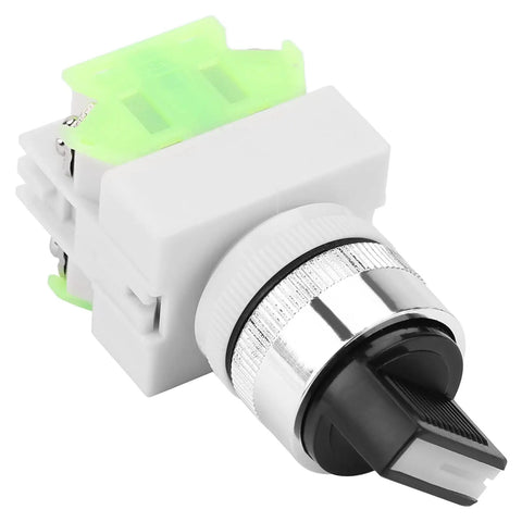 Hella Durable 3 Position Maintained Selector Switch For Industrial Builds Rock Solid Self Locking 2NO Plus 1NC Wiring Medium Low Voltage Electrical Rig Setup showing detailed view of knob and wiring.