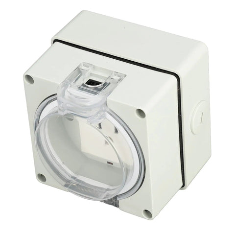 Yard Ready IP66 Weatherproof Outdoor Electrical Outlet And Power Socket With Durable PC Cover No Sweat Hookup Setup Backyard Essential Garden Workshop Heavy Duty Plug Station, close-up view with clear lid.