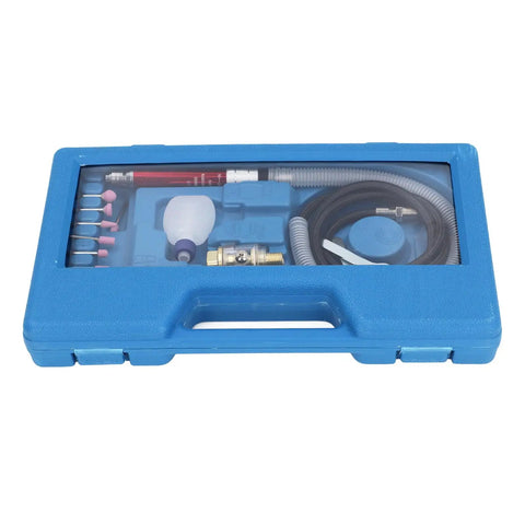 Straight Shot Precision Pneumatic Pencil Die Grinder Kit For Mechanics And Fabricators featuring a blue case and various attachments.