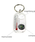 Sturdy Outdoor Compass Keychain For Backpacking And Travel featuring thermometer, magnifying glass, and compass.