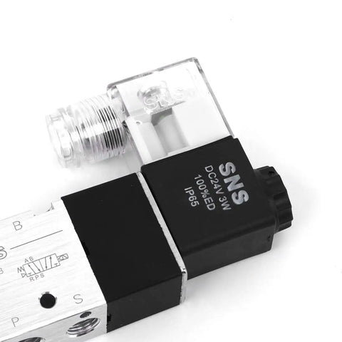 Heavy Duty Single Coil Solenoid Valve With Slick One Quarter Inch Npt Fittings Pilot Operated Electric Switch Designed For Tight Garage Spaces Reliable Dc Twenty Four Volt Pull Smooth Shifting Five Port Two Position Setup Built Tough For Grind