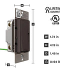 Radiant 150-Watt Dimmer Light Switch for Dimmable LEDs, No-Fuss Flicker-Free Performance, Single-Pole and 3-Way Compatibility, 120V, RHL153PDB, Dark Bronze front view with dimensions