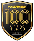Powermatic 100 years anniversary badge, black and gold shield design, celebrating a century of woodworking innovation.