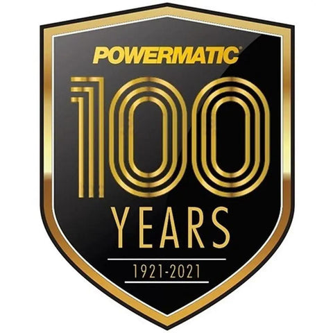 Powermatic 100 years anniversary badge, black and gold shield design, celebrating a century of woodworking innovation.