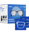 icepac Eyeglass Cleaning Wipes box with 320 individually wrapped pre-moistened wipes and two lens-wipe packets