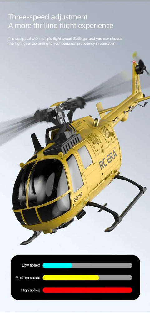 Advanced RC Helicopter C180 Style Flybarless 6CH with dual brushless motors, showing three-speed adjustment capability.