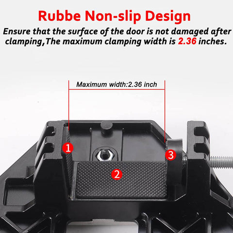 Close-up of aluminum alloy door hinge jig showing non-slip design and clamping mechanism for maximum width of 2.36 inches.