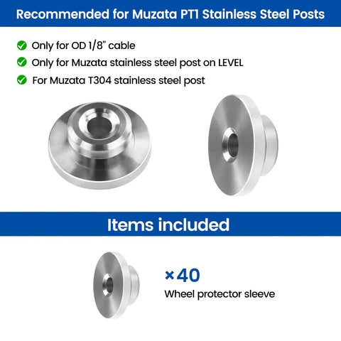 40 Pack 1/8 Inch Level Wheel Cable Railing Grommets For 1/8 Inch Wire Rope On Level Metal Posts T316 Stainless Steel Protector Sleeves Deck Cable Railing Hardware Kit CR72, with included wheel protector sleeve.