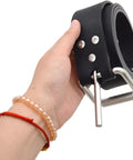 Hand holding adjustable quick dry silicone weight belt for scuba freediving snorkeling and water sports with stainless steel buckle