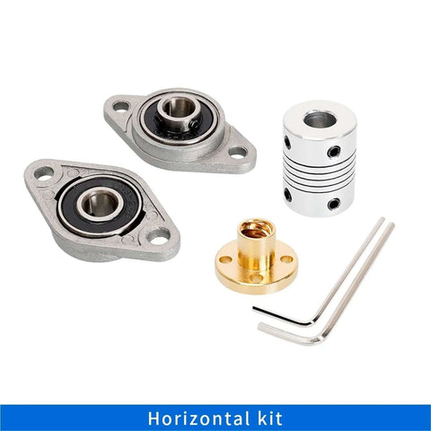 Get Your Project Rolling With This Awesome T8 Lead Screw 8mm Kit Featuring A Vertical Screw Coupling For Smooth Movement Plus A Rock Solid Horizontal Bracket And Bearing Support Assembly Perfect For Building CNC Machines Or DIY Lifting Gear That horizontal kit with aluminum bearing blocks, 8mm coupler, brass nut, and Allen keys