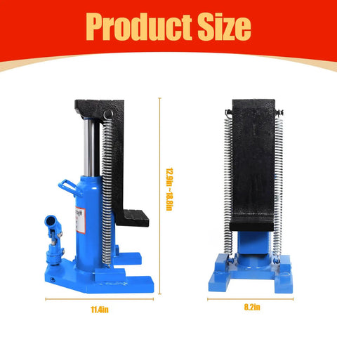 Heavy Duty Hydraulic Toe Jack Heavy Hitter Machine Lift Built Like A Tank With Heat Treated Steel 20 Ton Capacity dimensions side view 12.9in to 18in height, 11.4in width, 8.2in depth.