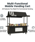 Rock Solid Mobile Vendor Cart With Weather Proof Canopy, Heavy Duty Iron Frame Street Food Stall for City Markets and Festival Grinds, featuring lockable wheels and spacious worktop.