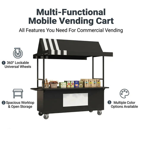 Rock Solid Mobile Vendor Cart With Weather Proof Canopy, Heavy Duty Iron Frame Street Food Stall for City Markets and Festival Grinds, featuring lockable wheels and spacious worktop.