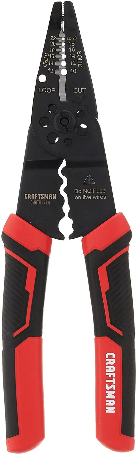 8 Inch Wire Stripper Cutter And Crimper Pliers With Beefy Bi Material Grips, Strips And Cuts 10 To 22 AWG, front view.