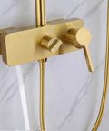 Slick Brushed Gold Rainfall Shower Kit With 10 Inch Mass Flow Head And Easy Grip Handheld Sprayer Wall Mounted Bath Ensemble featuring a smooth diverter valve.