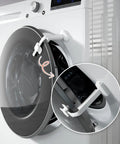 Baby Safe Washer And Dryer Door Stopper Prop For Front Load Laundry in use on a white machine keeping door ajar to prevent odors