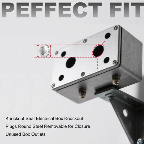 50 Pack Slick Heavy Duty Knockout Seals in metal electrical box showing round galvanized seal for half and three quarter inch openings.