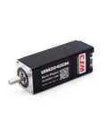Side view of NEMA 8 integrated servo stepper motor with encoder, black housing, metal shaft, color-coded connector