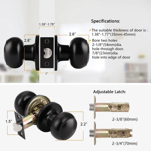 Door Knob Set, 10 Pack Matte Black Colonial Ball Knob Interior Passage Handles For Closet And Hallway Doors with size details