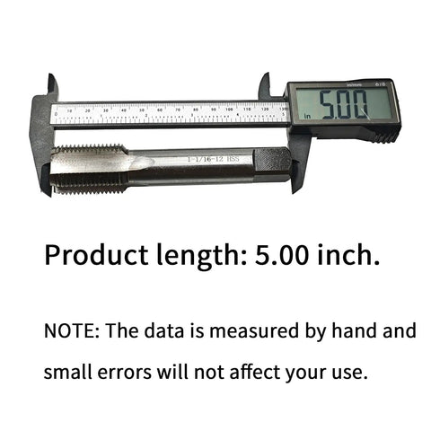 1-1/16 Inch 12 TPI UN Right Hand Straight Flute Machine Tap HSS High Speed Steel 2B Tolerance Pro Grade Metalworking Tool For Steel And Aluminum Includes 1 Tap. Shown with caliper measuring 5.00 inch length