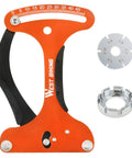 Orange Spoke Tension Meter Tool Pro Grade Aluminum Alloy Bicycle Wheel Tension Gauge Indicator with wrench and gauge disc.