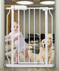 Walk Through Pressure Mounted Baby Gate For Narrow Openings 24.2 To 29 Inches Wide, 30 Inches Tall, used by baby and dog indoors