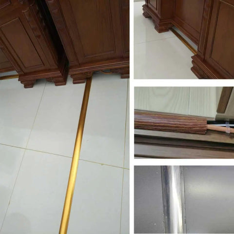 Half Round Aluminum Cable Concealer With Self Adhesive Backing For A Slick Floor Cord Management Solution installed under cabinet