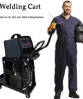 Heavy Duty Welding Cart For MIG And TIG Welders And Plasma Cutters Black Steel Cart Built To Last With 176 LB Weight Capacity Sturdy Shop Cart With Durable Frame Adjustable Shelves And Easy Rolling Casters next to smiling man in work overalls holding welding helmet and tool.