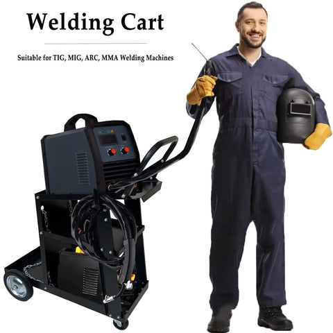 Heavy Duty Welding Cart For MIG And TIG Welders And Plasma Cutters Black Steel Cart Built To Last With 176 LB Weight Capacity Sturdy Shop Cart With Durable Frame Adjustable Shelves And Easy Rolling Casters next to smiling man in work overalls holding welding helmet and tool.