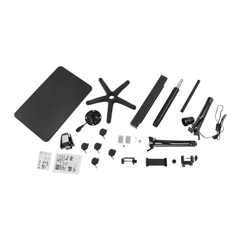 Smooth Rolling Adjustable Height Tattoo Workstation With Bright Led Panel And Smart Storage Rack For Your Professional Mobile Art Studio Daily Grind And Heavy Duty Gear parts layout including black tabletop, wheels, and LED components.