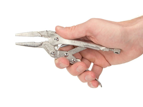 Hand holding Six Inch Long Nose Locking Pliers With Deep Teeth For Small Hex, Round, And Square Fasteners in chrome finish