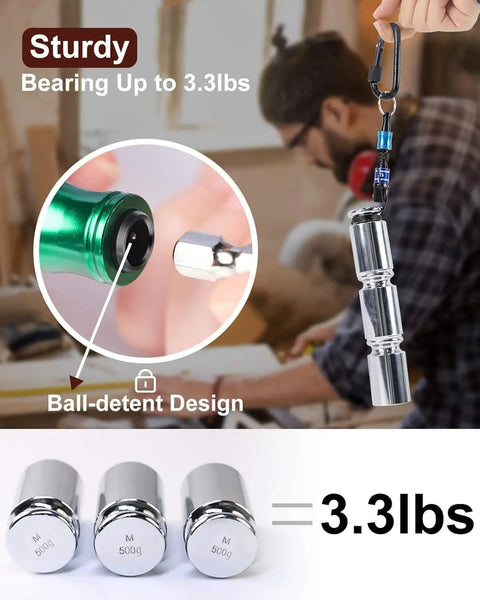 Six Piece One Quarter Inch Hex Shank Aluminum Bit Holder Set With Quick Change Extension Bar Keychain Drill Adapter shown with ball-detent design and 3.3lbs capacity