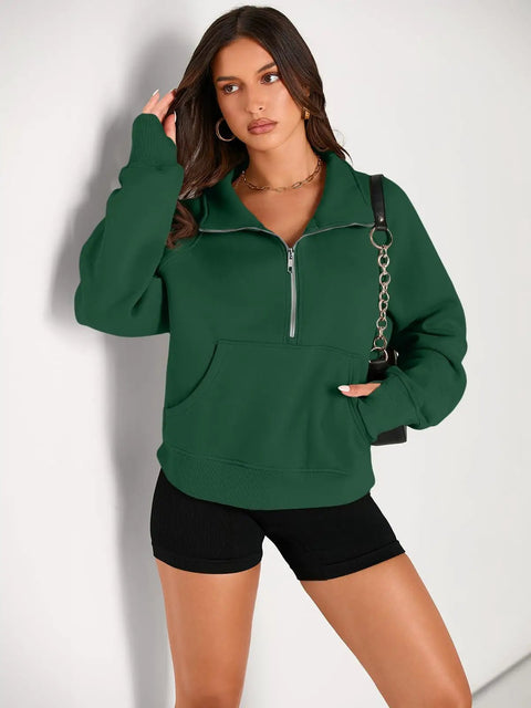 Womens Half Zip Cropped Fleece Pullover Hoodie Sweatshirt In Dark Green, Cozy Warm Layering Top With Thick Cotton Polyester Blend, 2026 Fall Fashion